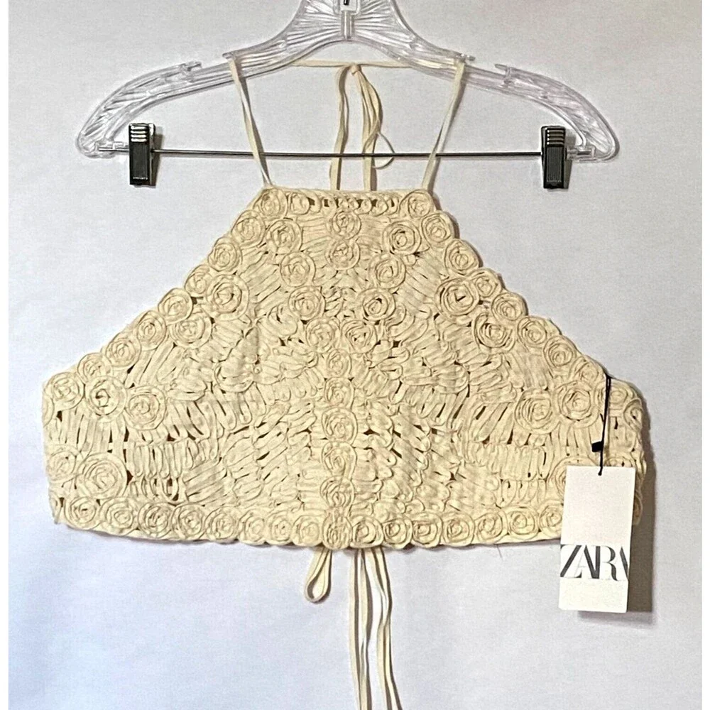 Zara Halter Top Women Size Medium Cream Floral Crochet 100% Cotton Ties NWT - Picture 3 of 15